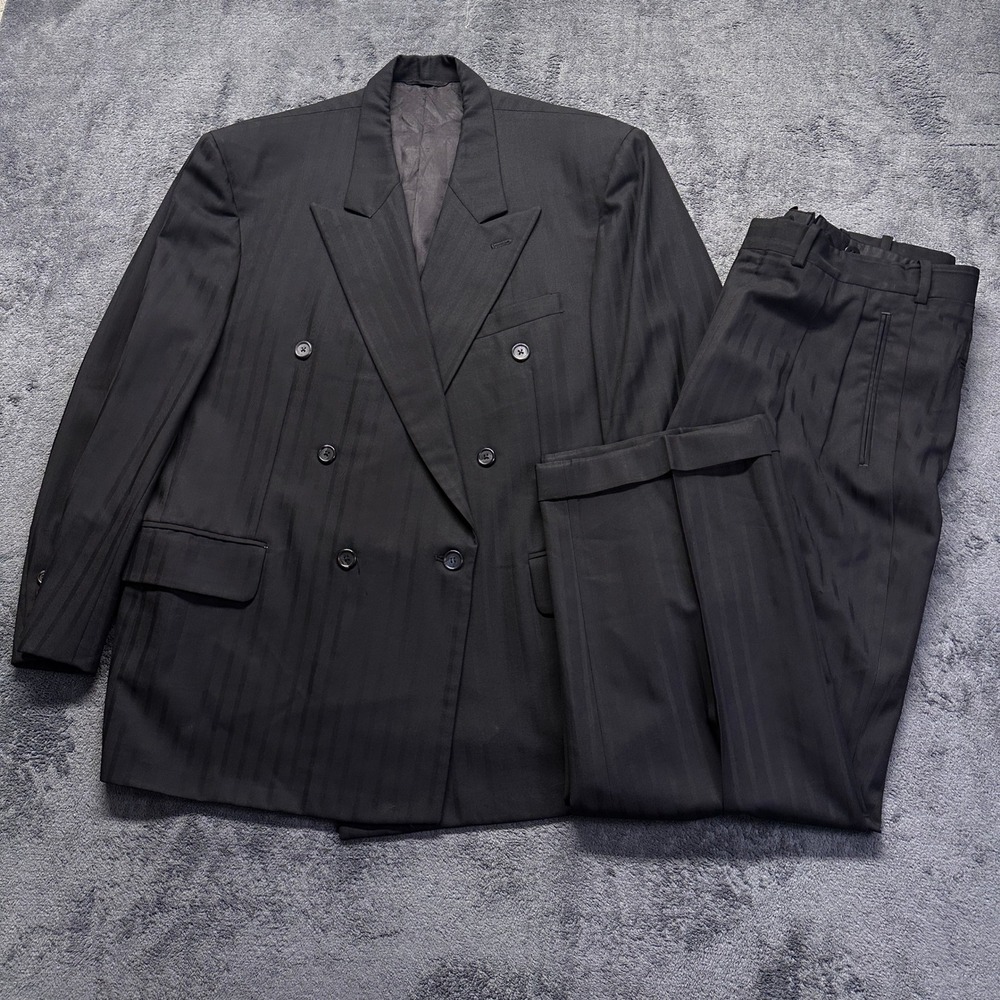 Tom James Double Breasted 2 Piece Suit Mens 44R Black Striped Peak Lapel Vintage